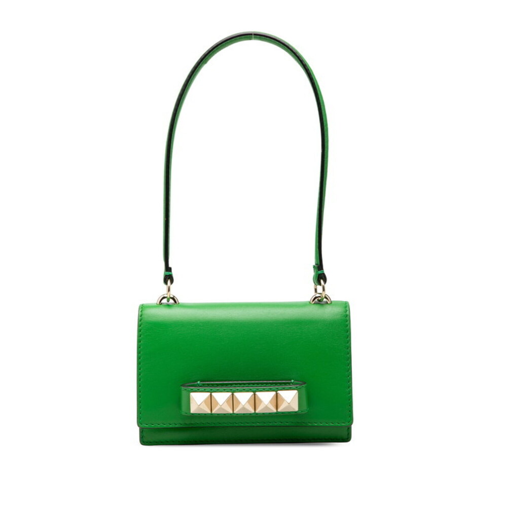 Valentino Rockstud Handbag One Shoulder Green Gold Leather Women's